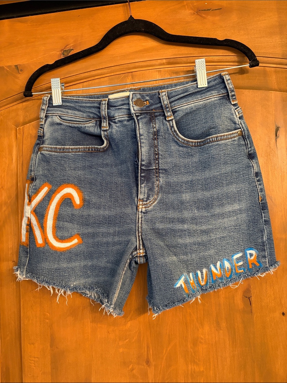 Pilcro Blue Denim Shorts with Orange & White KC and Multicolor Thunder Appliqué